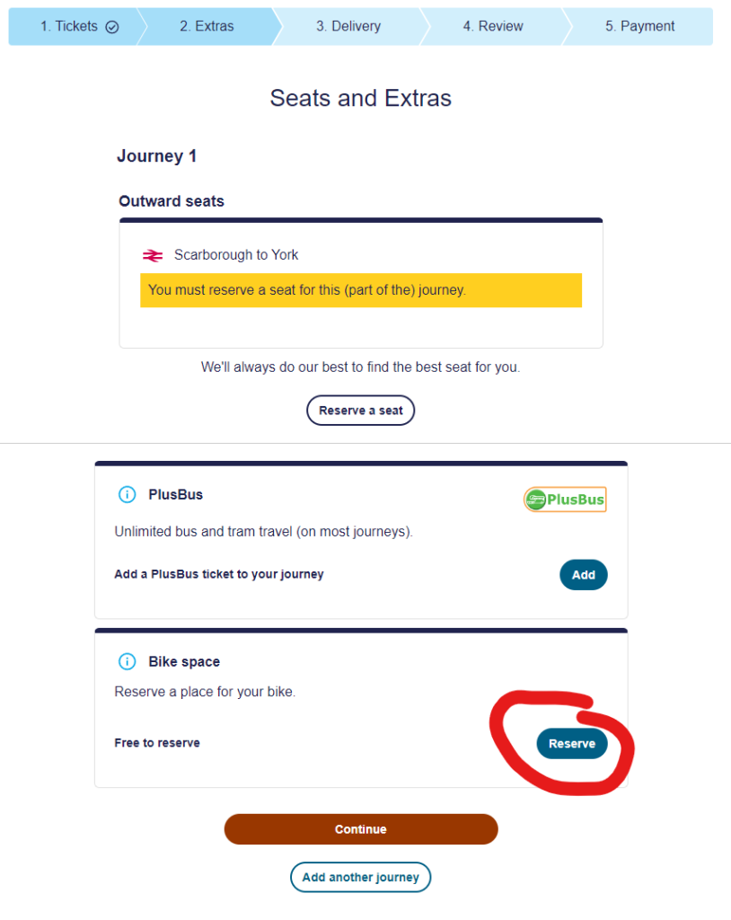 TransPennine Express booking screen with the option to add a bike reservation