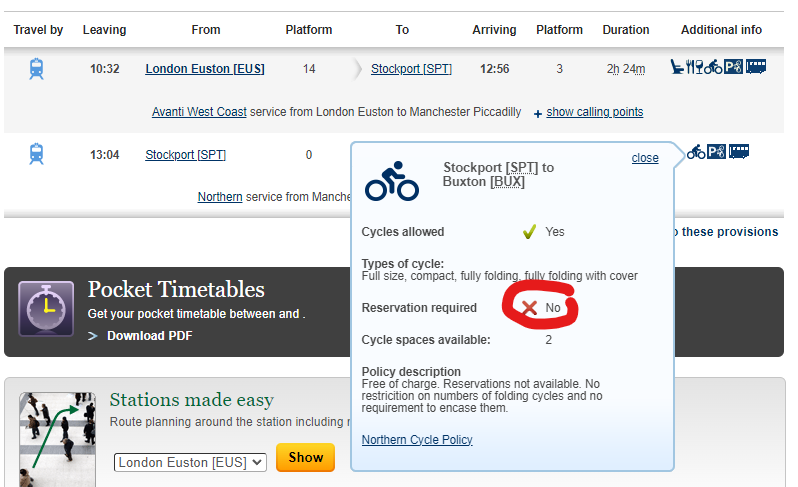 Second example of train search results showing cycle restrictions